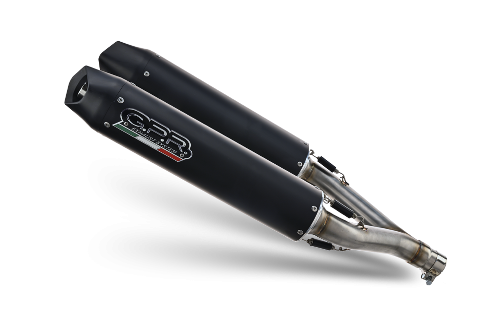 Exhaust compatible with Moto Morini Corsaro 1200 2005-2011, Furore Nero, Dual Silencer to install with original manifold including removable db killers and link pipes 