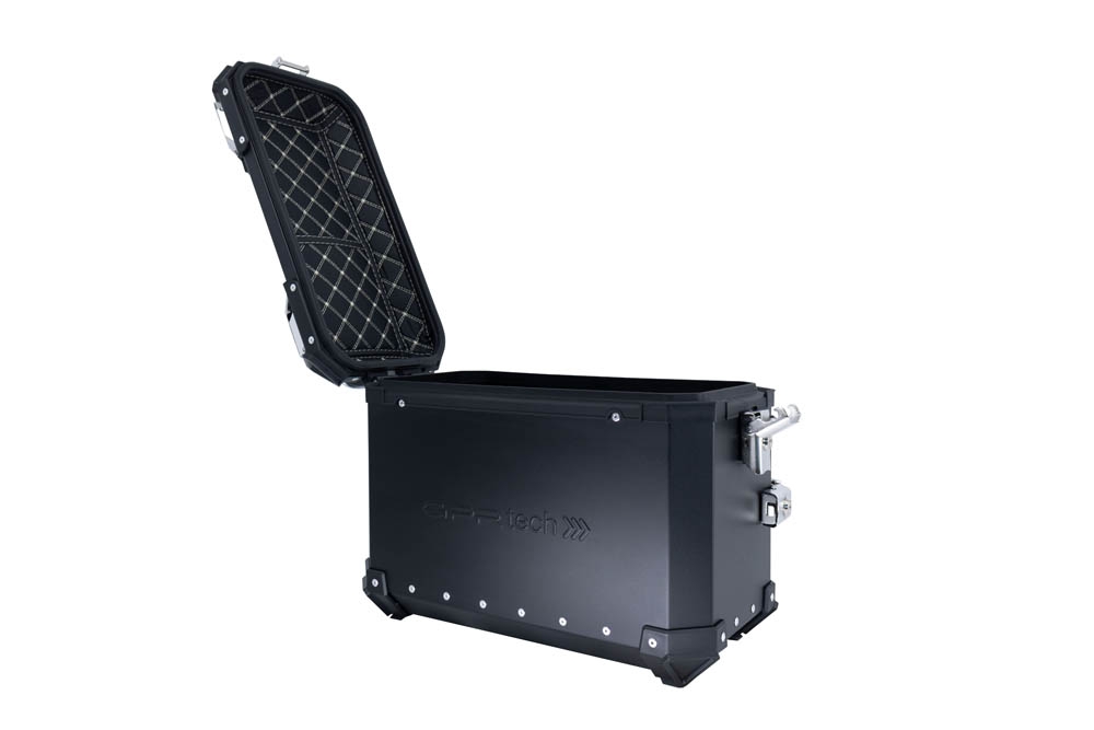 GPR TECH compatible with  Bmw R 1200 Gs Adventure 2014/2016 e3 GPR TECH Pair of side cases aluminum made with contoured right side, black color with specific pannier holder Capacity 38 LT. + 32 LT.