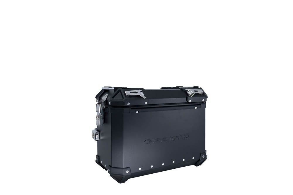 GPR TECH compatible with  Ktm Adventure 890 - 890 R Rally 2020/2024 e5 GPR TECH Pair of side cases aluminum made with contoured right side, black color with specific pannier holder Capacity 38 LT. + 32 LT.