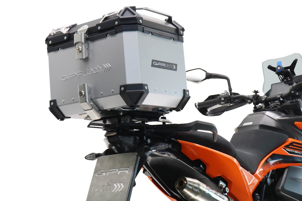 Top case GPR TECH compatible with  Ktm Adventure 890 L 2021/2024 e5 GPR TECH Top case in aluminum, silver color with specific plate included Capacity 55 LT.