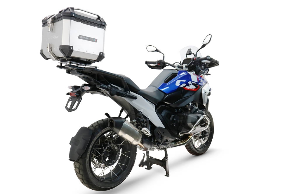 Top case GPR TECH compatible with  Bmw R 1300 GS 2024/2026 GPR TECH Top case in aluminum, silver color with specific plate included to mount on the original rear rack Capacity 35 LT.