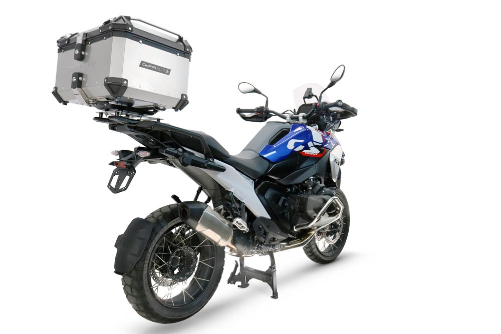 Top case GPR TECH compatible with  Bmw R 1300 GS 2024/2026 GPR TECH Top case in aluminum, silver color with specific plate included to mount on the original rear rack Capacity 55 LT.