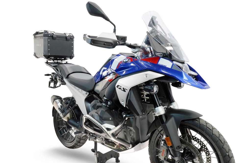 Top case GPR TECH compatible with  Bmw R 1300 GS 2024/2026 GPR TECH Top case in aluminum, silver color with specific plate included to mount on the original rear rack Capacity 35 LT.