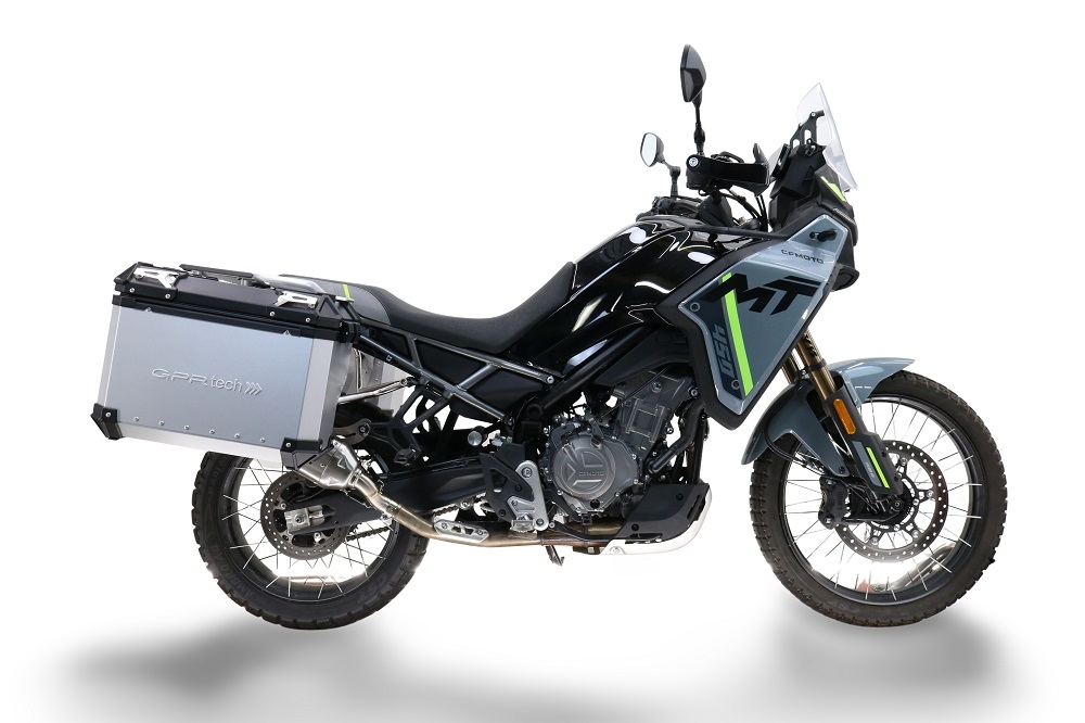 GPR TECH compatible with  Cf Moto 650 Mt 2021/2024 e5 GPR TECH Pair of side cases aluminum made, silver color with specific pannier holder Capacity 38 LT. + 38 LT.