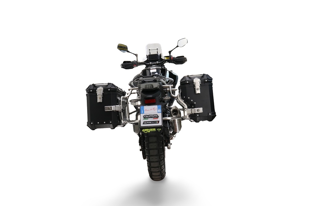 GPR TECH compatible with  Cf Moto 450MT 2023/2025 Euro5 Plus GPR TECH Pair of side cases aluminum made with contoured right side, black color with specific pannier holder Capacity 38 LT. + 32 LT.