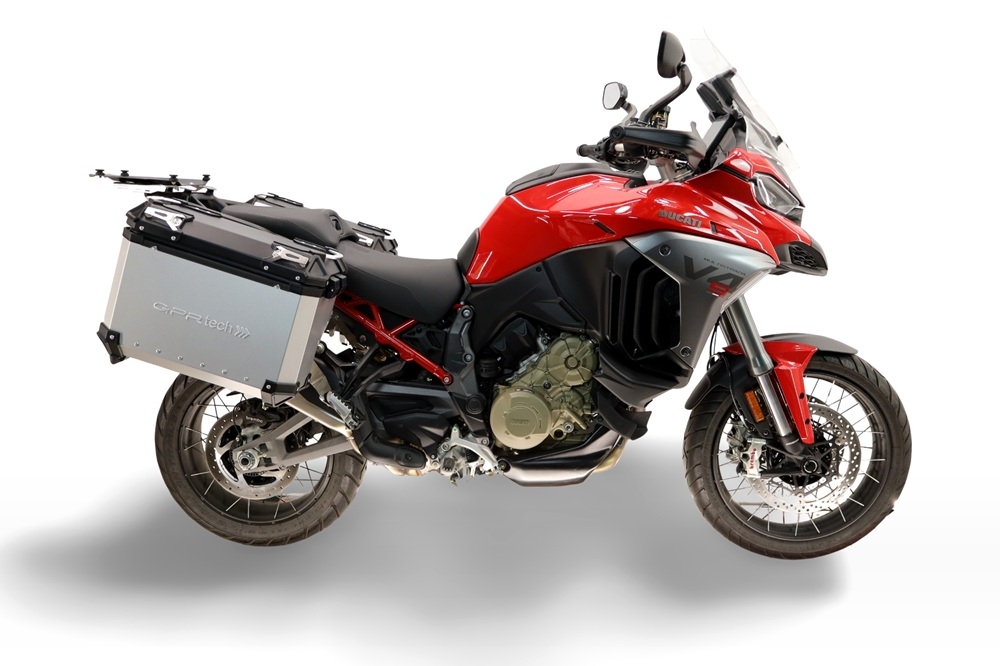 GPR TECH compatible with  Harley Davidson Pan America 1250 2020/2024 GPR TECH Pair of side cases aluminum made with contoured right side, silver color with specific pannier holder TECH-EVO serie  Capacity 38 LT. + 32 LT.