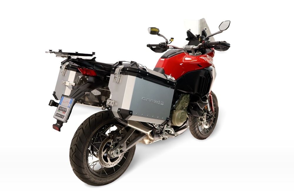 GPR TECH compatible with  Harley Davidson Pan America 1250 2020/2024 GPR TECH Pair of side cases aluminum made with contoured right side, silver color with specific pannier holder TECH-EVO serie  Capacity 38 LT. + 32 LT.