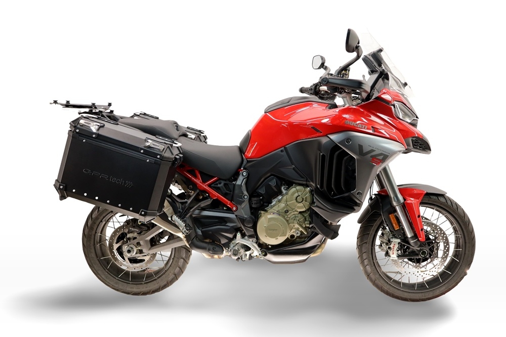 GPR TECH compatible with  Harley Davidson Pan America 1250 2020/2024 GPR TECH Pair of side cases aluminum made with contoured right side, black color with specific pannier holder TECH-EVO serie  Capacity 38 LT. + 32 LT.