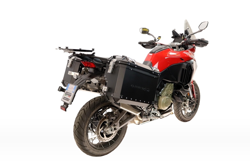 GPR TECH compatible with  Harley Davidson Pan America 1250 2020/2024 GPR TECH Pair of side cases aluminum made with contoured right side, black color with specific pannier holder TECH-EVO serie  Capacity 38 LT. + 32 LT.