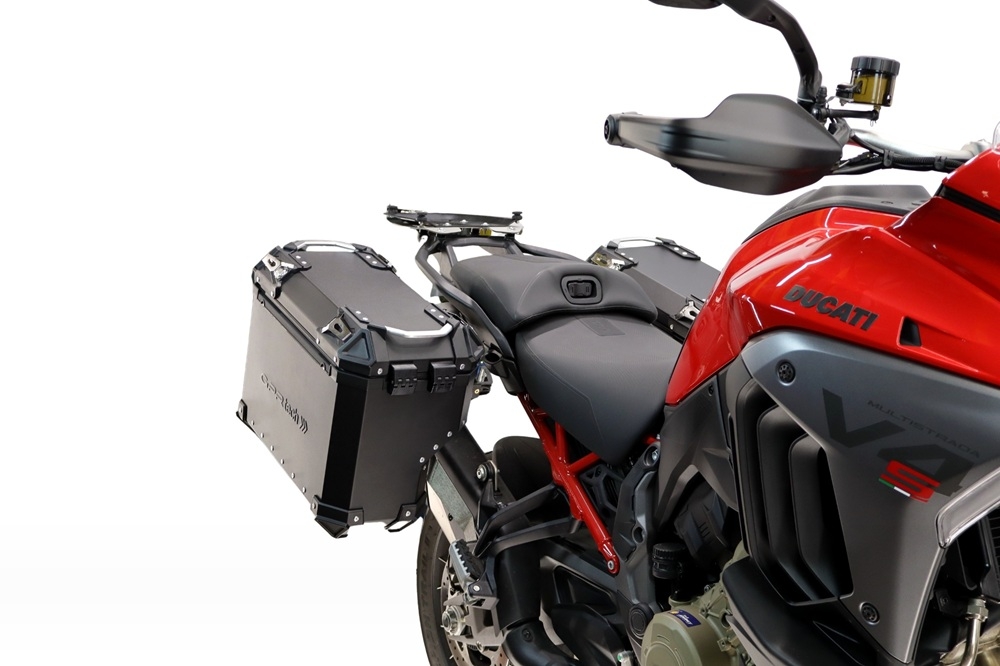 GPR TECH compatible with  Harley Davidson Pan America 1250 2020/2024 GPR TECH Pair of side cases aluminum made with contoured right side, black color with specific pannier holder TECH-EVO serie  Capacity 38 LT. + 32 LT.