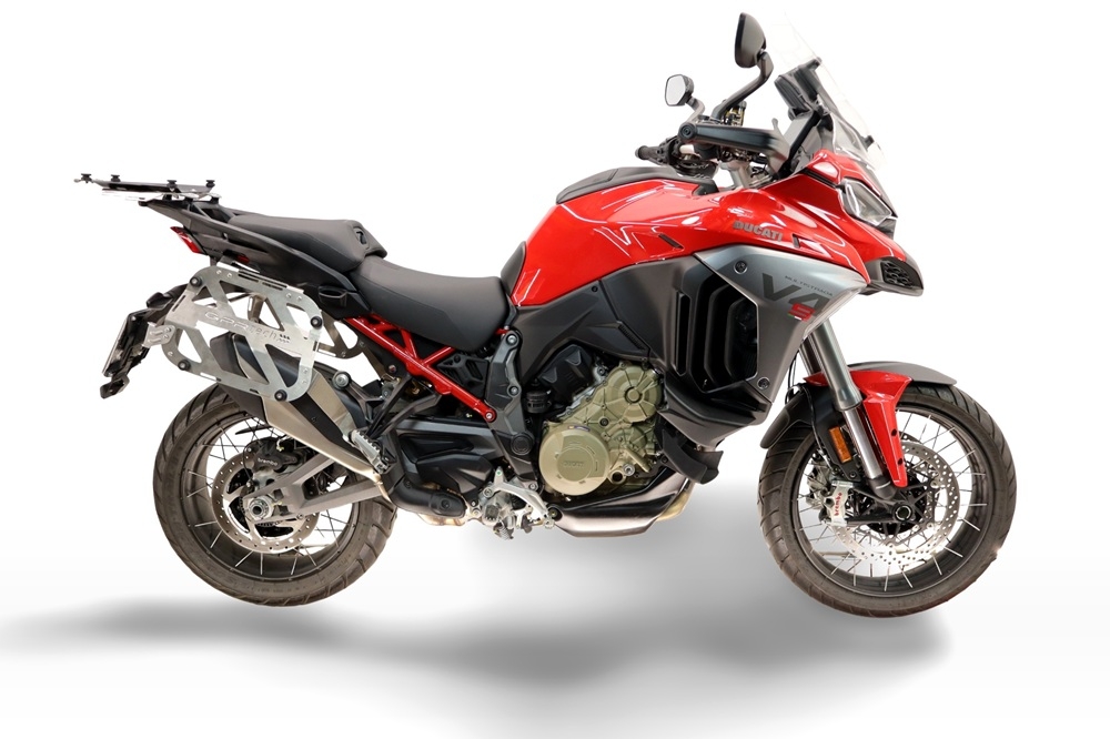 GPR TECH compatible with  Ducati Multistrada V4 - V4S 2025/2026 GPR TECH Pair of side cases aluminum made with contoured right side, silver color with specific pannier holder TECH-EVO serie  Capacity 38 LT. + 32 LT.