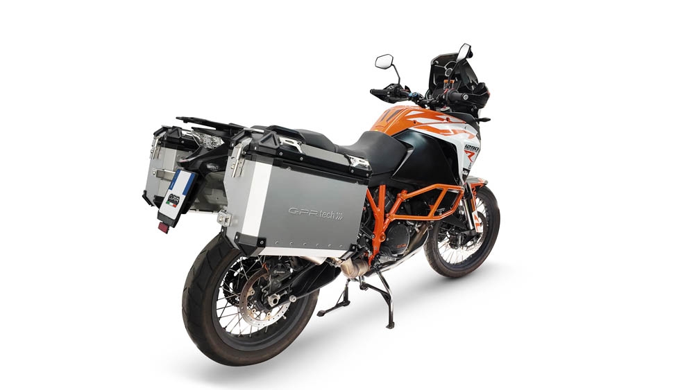 GPR TECH compatible with  Ktm Lc 8 Adventure 1090 2017/2020 e4 GPR TECH Pair of side cases aluminum made with contoured right side, silver color with specific pannier holder Capacity 38 LT. + 32 LT.