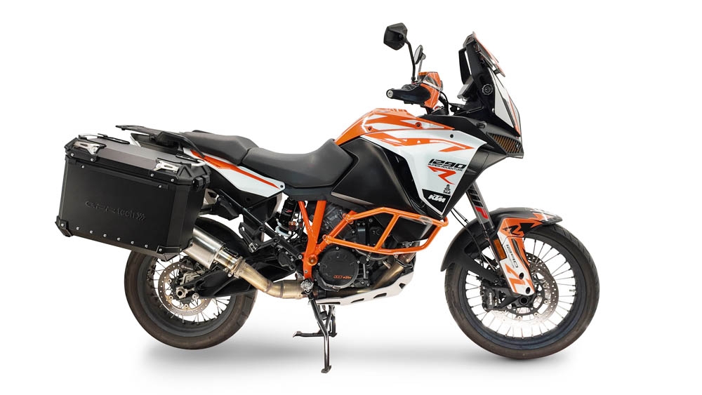 GPR TECH compatible with  Ktm Lc 8 Adventure 1050 2015/2016 e3 GPR TECH Pair of side cases aluminum made with contoured right side, black color with specific pannier holder Capacity 38 LT. + 32 LT.