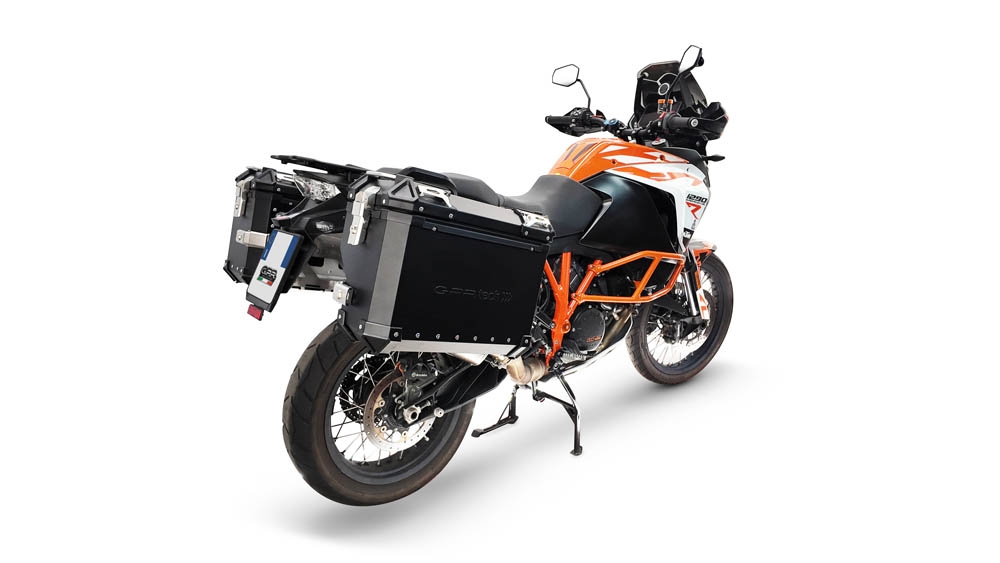 GPR TECH compatible with  Ktm Lc 8 Adventure 1050 2015/2016 e3 GPR TECH Pair of side cases aluminum made with contoured right side, black color with specific pannier holder Capacity 38 LT. + 32 LT.