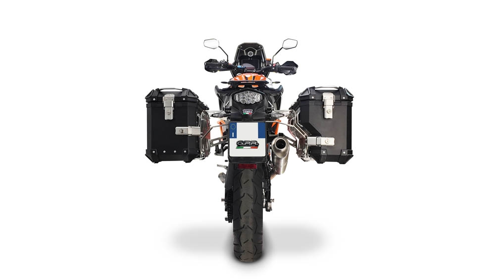GPR TECH compatible with  Ktm Lc 8 Adventure 1050 2015/2016 e3 GPR TECH Pair of side cases aluminum made with contoured right side, black color with specific pannier holder Capacity 38 LT. + 32 LT.