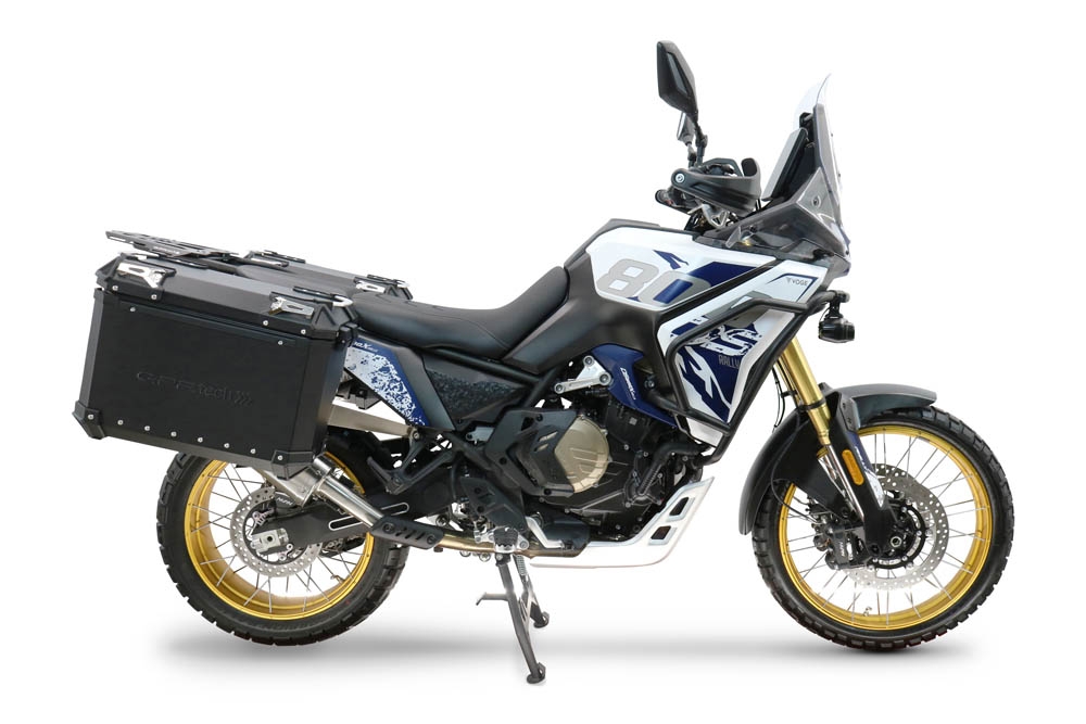 GPR TECH compatible with  Voge DS 800 Rally 2025/2026 GPR TECH Pair of side cases aluminum made with contoured right side, black color with specific pannier holder TECH-EVO serie  Capacity 38 LT. + 32 LT.