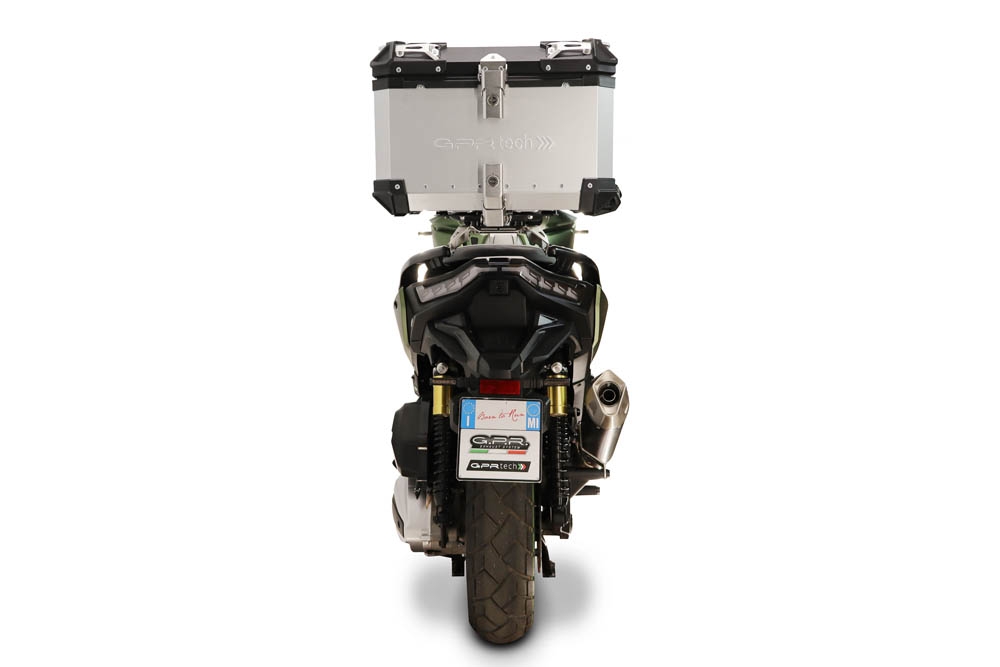 Top case GPR TECH compatible with  Voge SR 450 X 2026/2027 e5 plus GPR TECH Top case in aluminum, silver color, including roof rack and specific plate Capacity 35 LT.