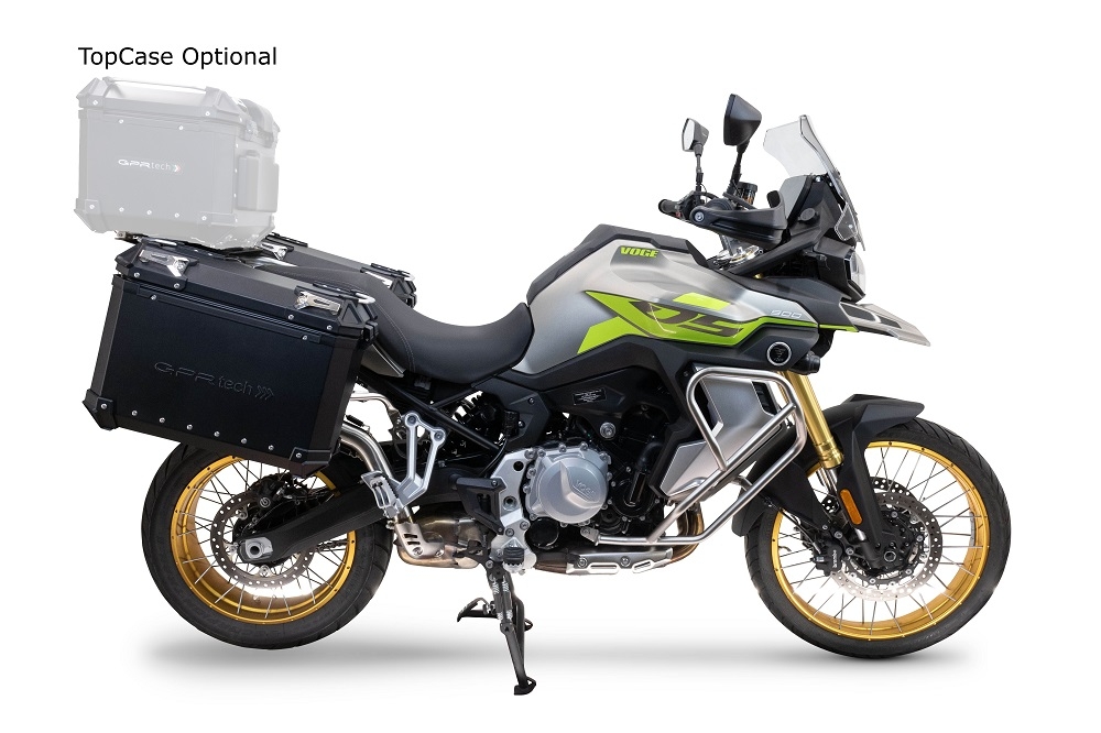 GPR TECH compatible with  Voge 900DSX 2024/2025 e5 GPR TECH Pair of side cases aluminum made with contoured right side, black color with specific pannier black holder Capacity 38 LT. + 32 LT.