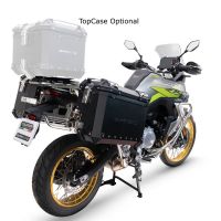 GPR TECH compatible with  Voge 900DSX 2024/2025 e5 GPR TECH Pair of side cases aluminum made with contoured right side, black color with specific pannier black holder Capacity 38 LT. + 32 LT.