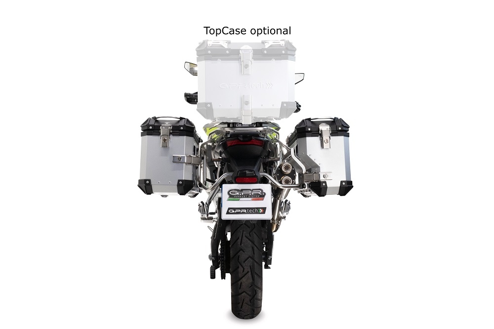 GPR TECH compatible with  Voge 900DSX 2024/2025 e5 GPR TECH Pair of side cases aluminum made with contoured right side, black color with specific pannier silver holder Capacity 38 LT. + 32 LT.