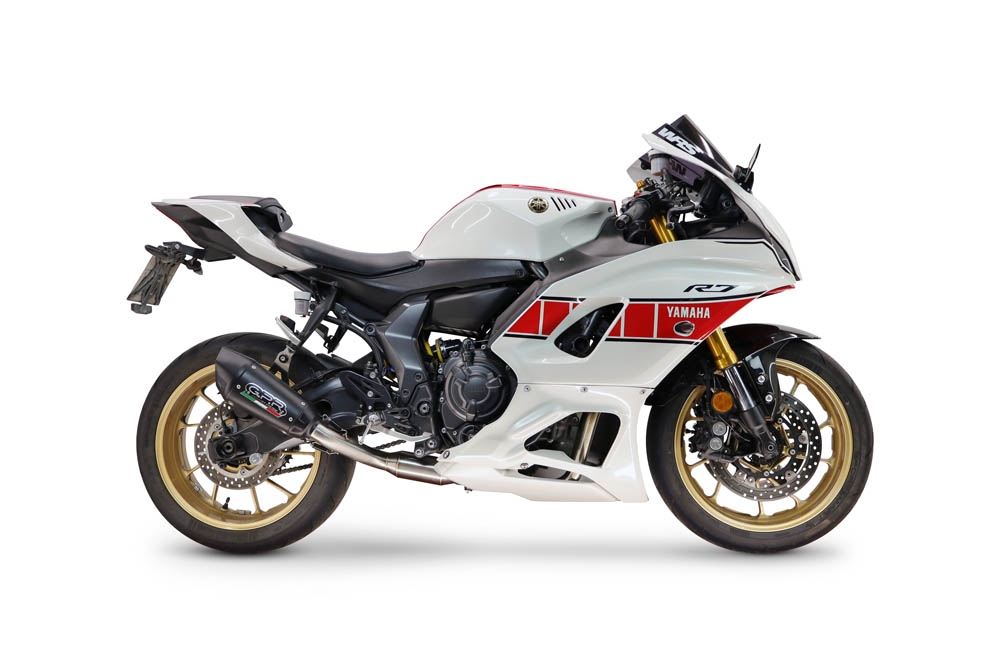 GPR exhaust compatible with Yamaha YZF R7 2021-2024, GP-Revo Black Titanium, Slip-on exhaust including link pipe and removable db killer 