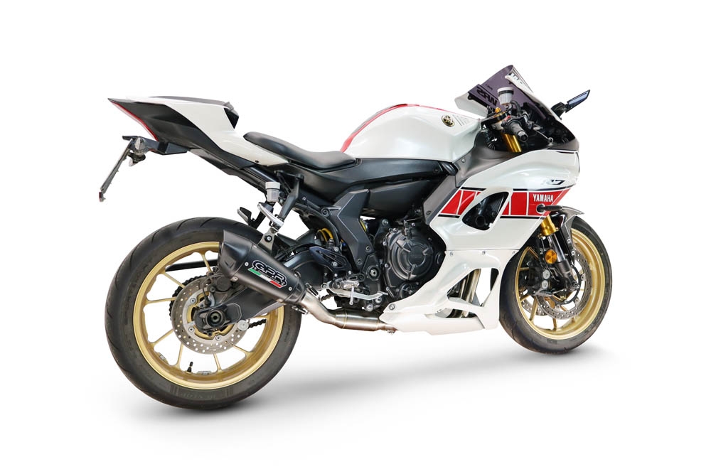 GPR exhaust compatible with Yamaha YZF R7 2021-2024, GP-Revo Black Titanium, Slip-on exhaust including link pipe and removable db killer 